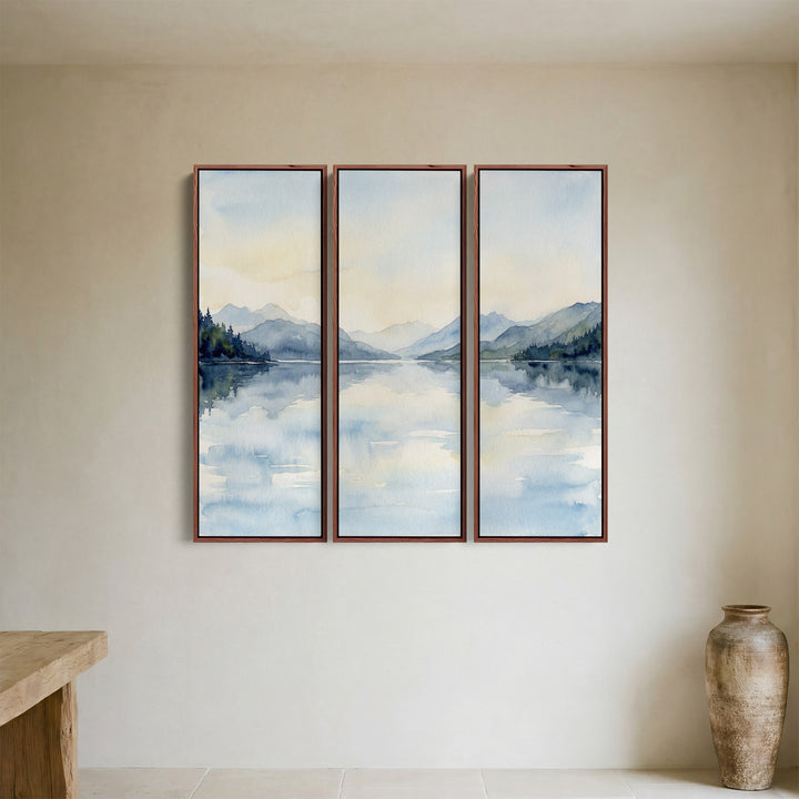 Misty Mountain Lake 3 Piece Wall Art Set for Hallway in Soft Blue Watercolor