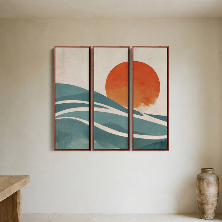 Abstract Sun Three Panel Wall Art for Dining Room With Orange And Blue Curves