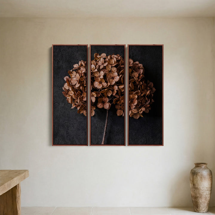 Dried Hydrangea Vertical Triptych Wall Art for Bedroom With Moody Floral Tones