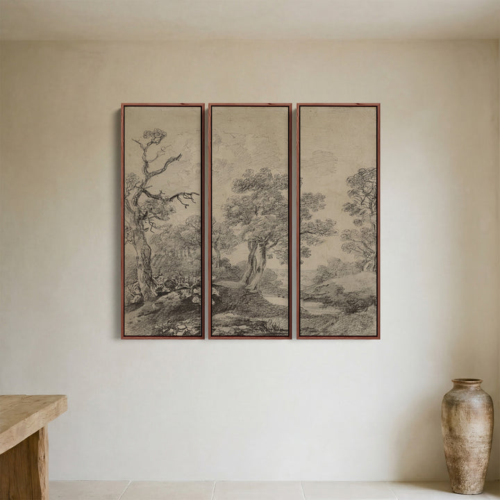 Vintage Countryside Large Triptych Wall Art for Office With Monochrome Trees