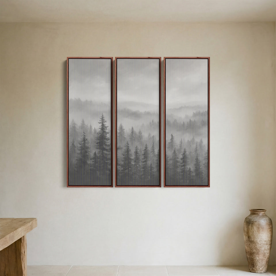 Triptych Wall Art Misty Pine Forest Landscape For Hallway Decor