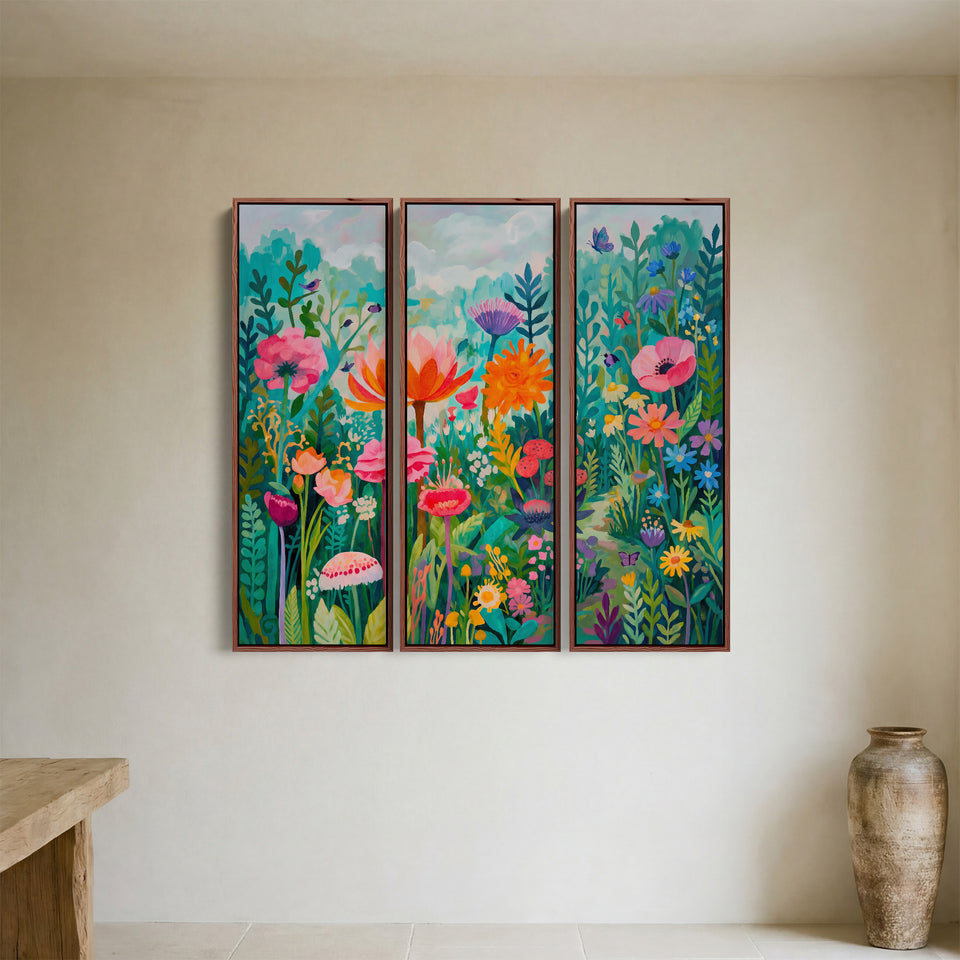 Colourful Floral Garden Oversized Triptych Wall Art For Living Room