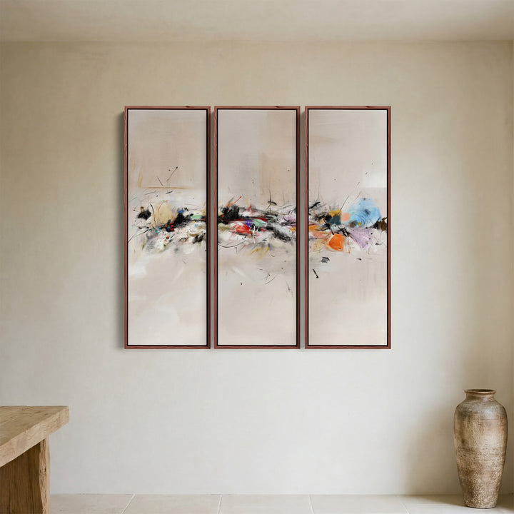 Three Panel Wall Art Abstract Brush Stroke Composition For Dining Room