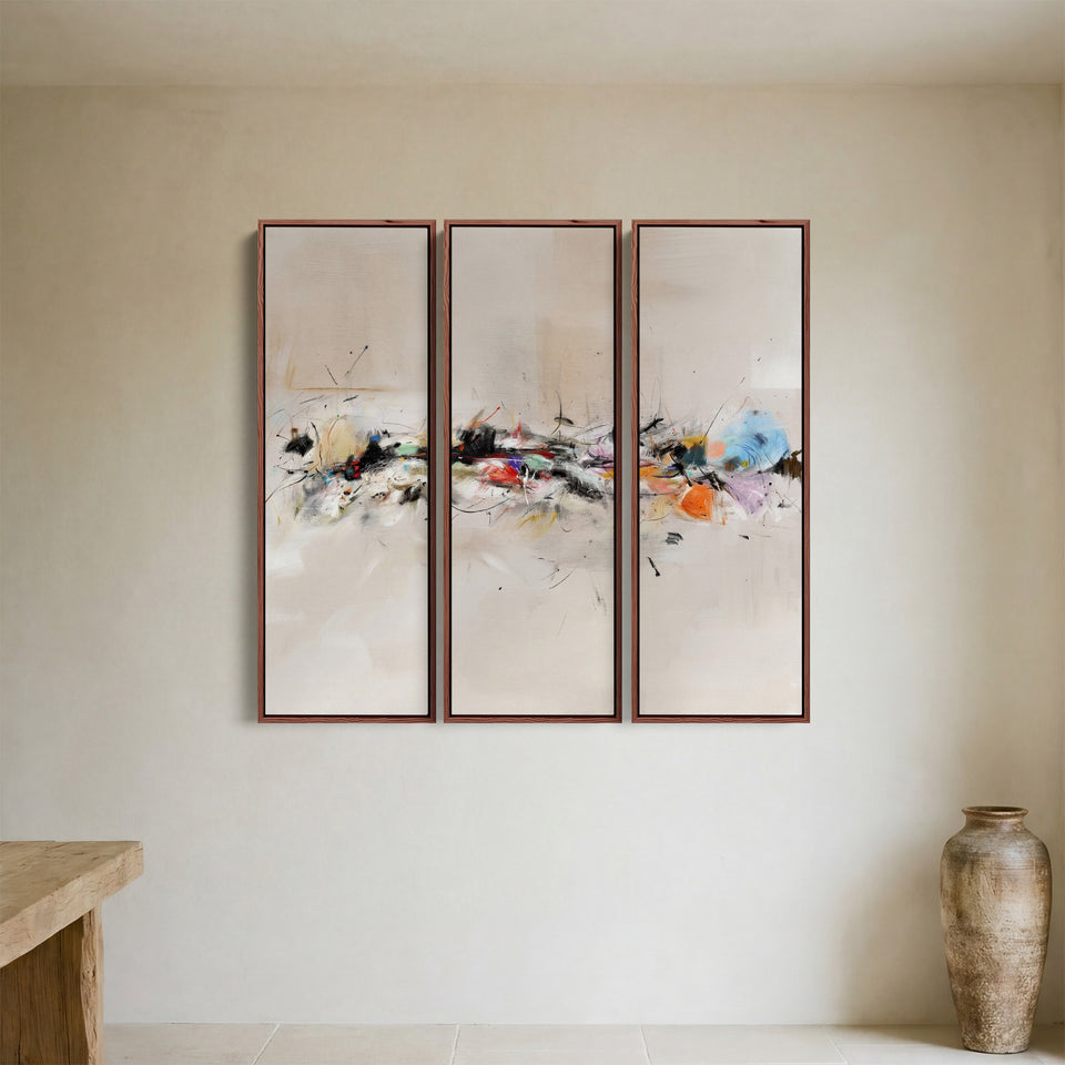 Three Panel Wall Art Abstract Brush Stroke Composition For Dining Room