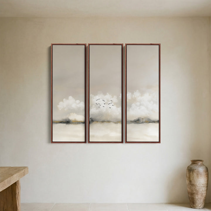Misty Horizon Oversized Triptych Wall Art With Birds for Bedroom