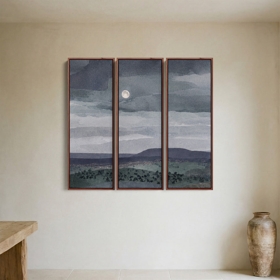 Oversized Triptych Wall Art Moonlit Landscape for Living Room