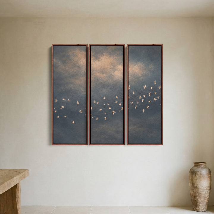 3 Piece Wall Art Set White Birds in Sky for Office