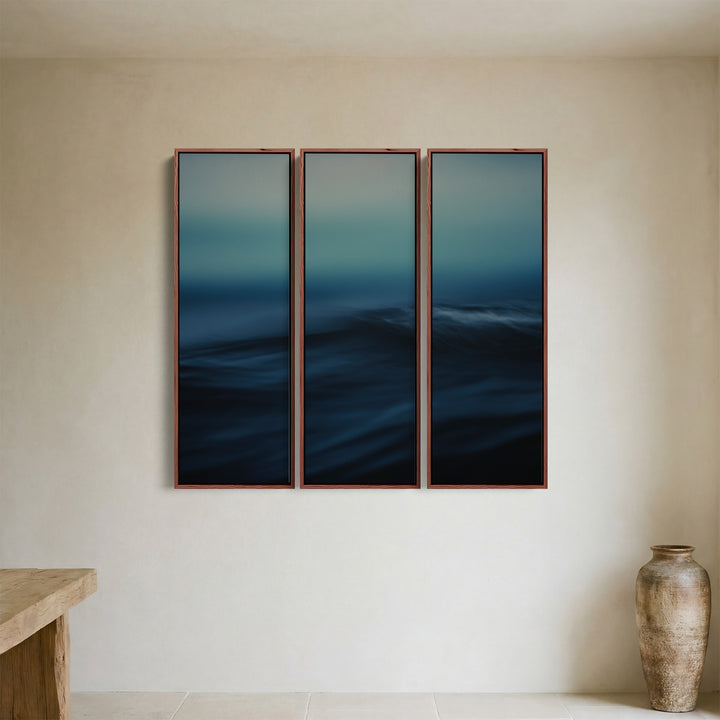 Triptych Wall Art With Blurred Ocean Wave For Bedroom Calm Blue Black Sea