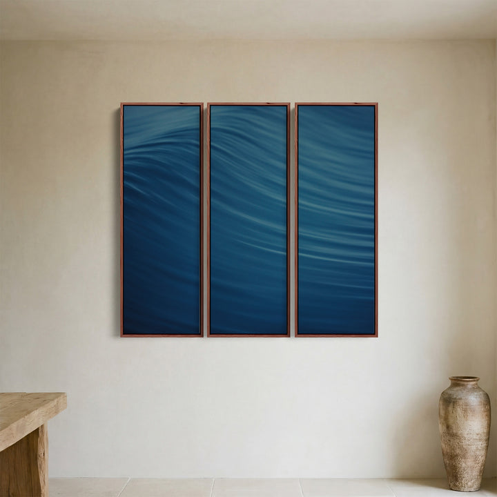 Flowing Blue Abstract Wave Oversized Triptych Wall Art For Hallway