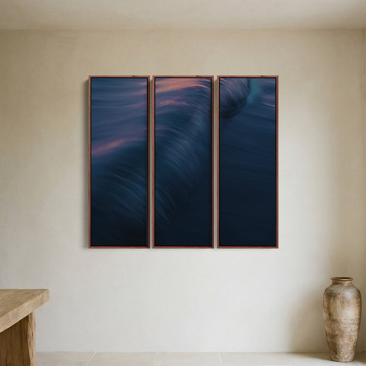 Set Of 3 Wall Art With Rolling Ocean Wave For Living Room In Blue Pink