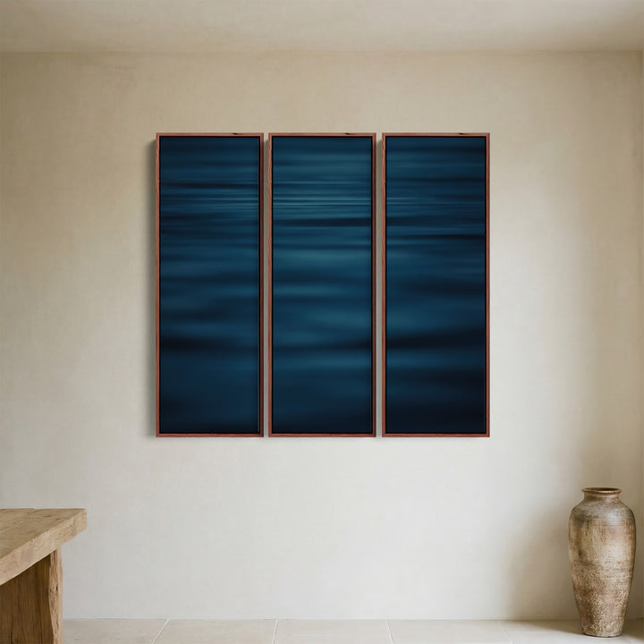 Three Panel Wall Art With Blurred Calm Sea For Office In Deep Blue