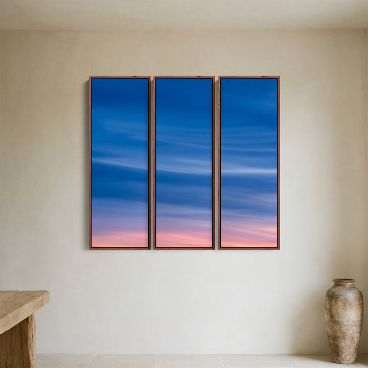 Soft Blue Pink Sky Vertical Triptych Wall Art For Bedroom