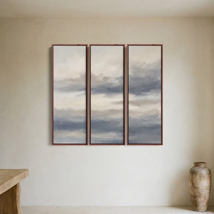 Grey Sky Oversized Triptych Wall Art For Bedroom With Soft Clouds