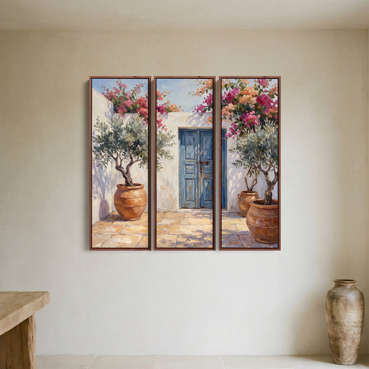 Set Of 3 Wall Art With Blue Doors And Olive Trees For Hallway