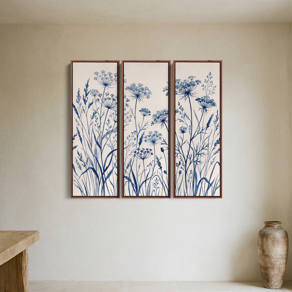 3 Piece Wall Art Set With Blue Wildflowers For Dining Room