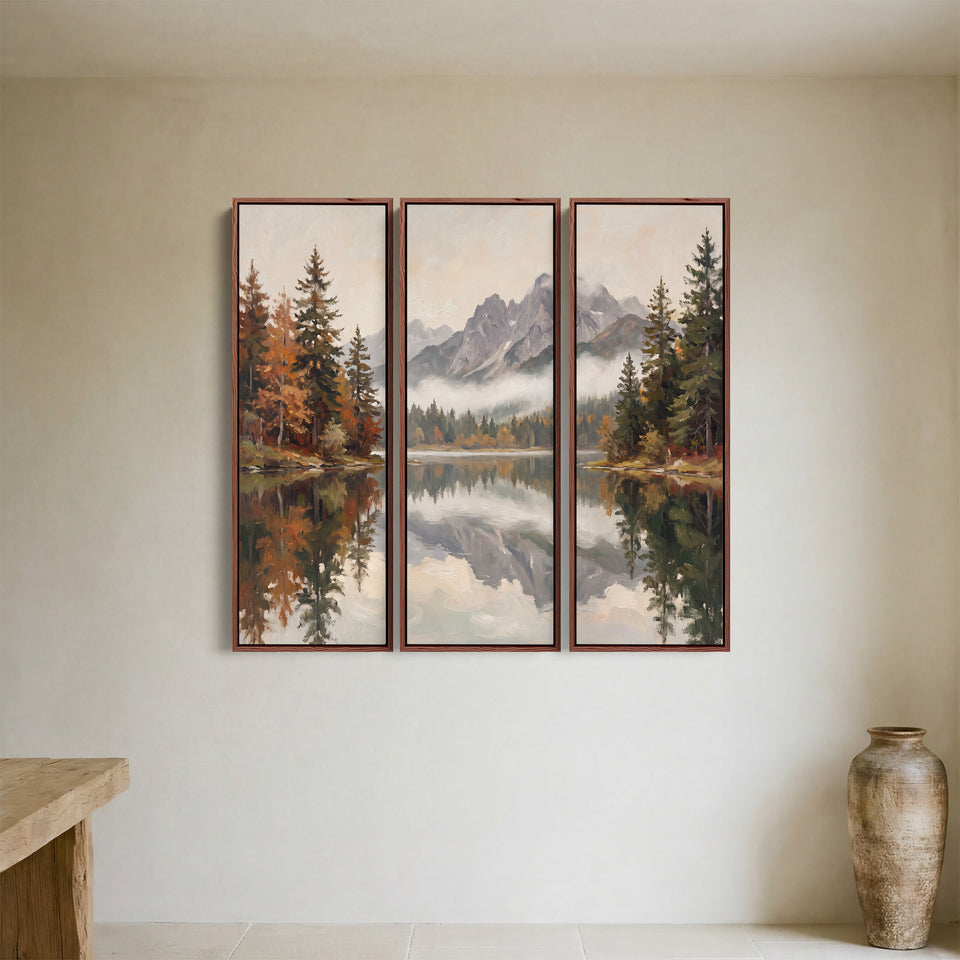 Set Of 3 Wall Art Autumn Lake Reflecting Grey Peaks For A Living Room