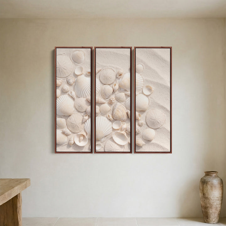 Bedroom Vertical Triptych Wall Art With Scallop Shells And Sand Dollars