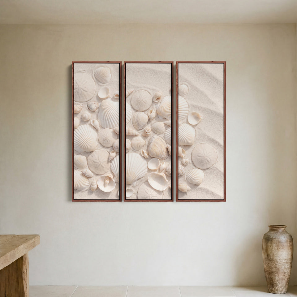 Bedroom Vertical Triptych Wall Art With Scallop Shells And Sand Dollars