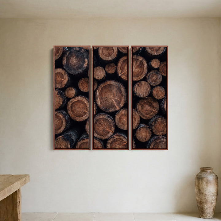 Stacked Log Ends Triptych Wall Art In Brown And Black For A Living Room