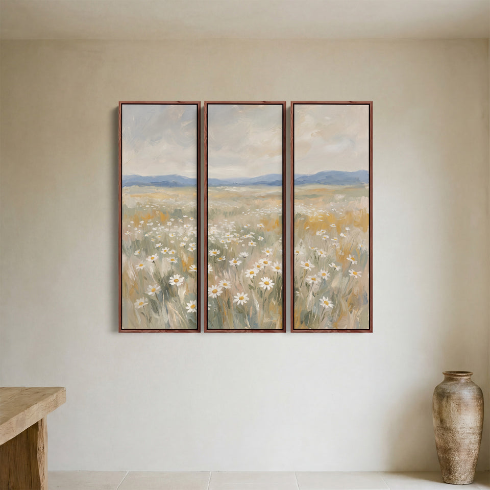 Set van 3 wanddecoraties met een madeliefjesveld onder verre blauwe heuvels voor de keuken