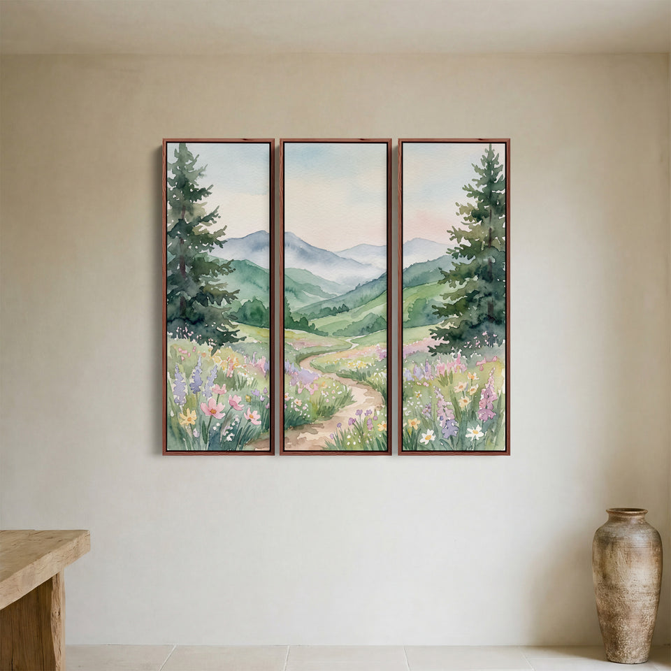 Wanddecoratieset van 3 voor de hal met een pad dat kronkelt door een bloemenvallei