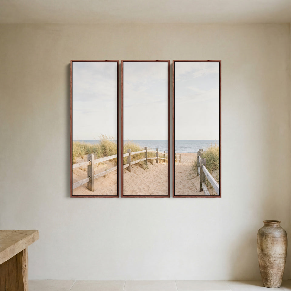 Set Of 3 Wall Art With A Fence Line Leading Down To The Sea For A Hallway