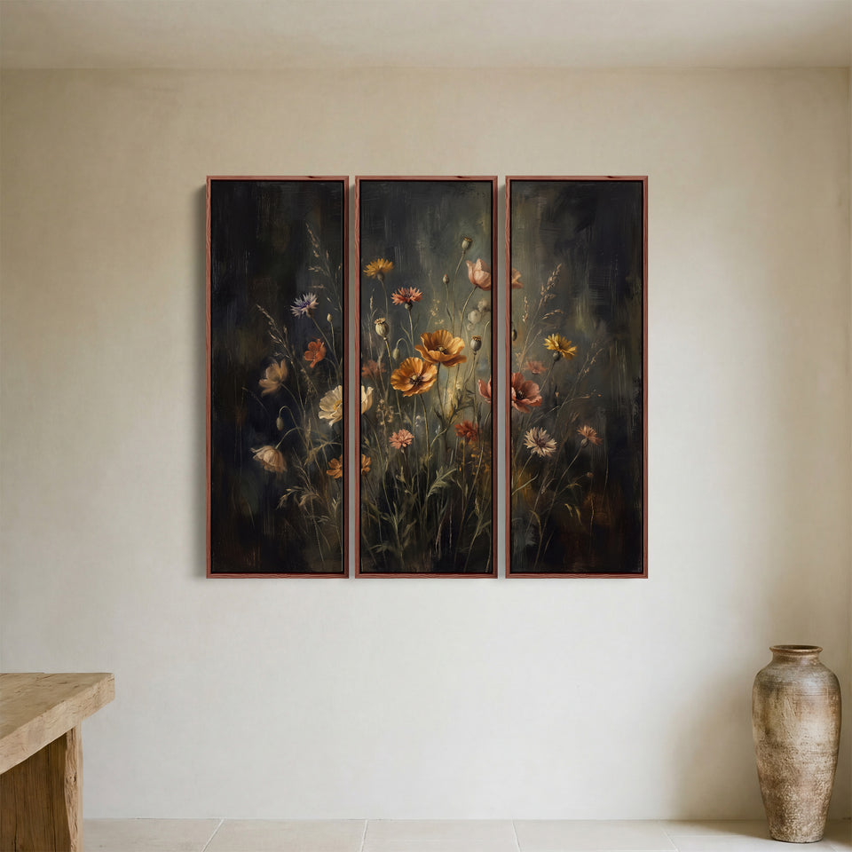 Poppies And Cornflowers On Black Set Of 3 Wall Art For A Dining Room