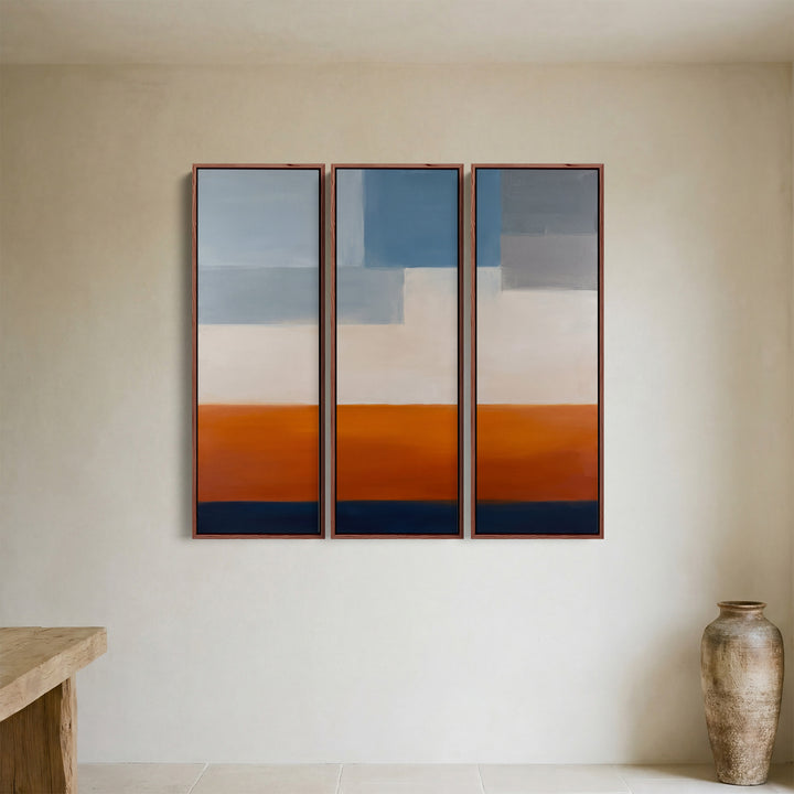Ensemble de 3 œuvres murales pour bureau, blocs bleus au-dessus d’une bande orange