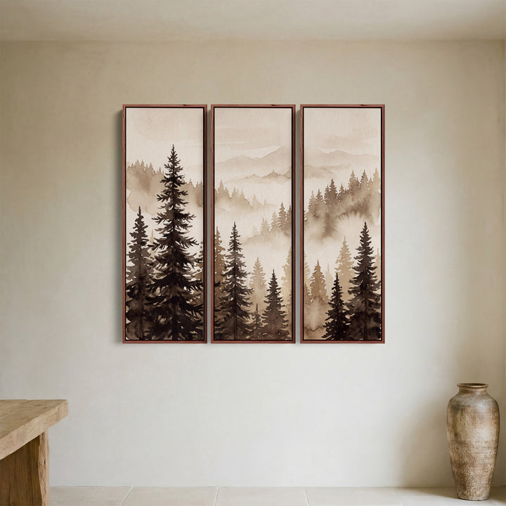 Sepia Spruce Trees Above A Fog Bank Wall Art Set Of 3 For A Hallway
