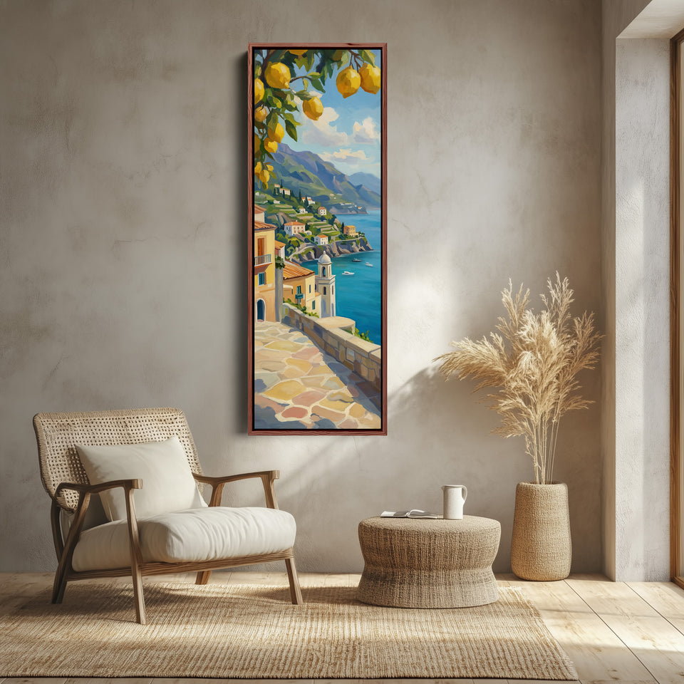 Tall Narrow Canvas Coastal Village With Lemons For Kitchen