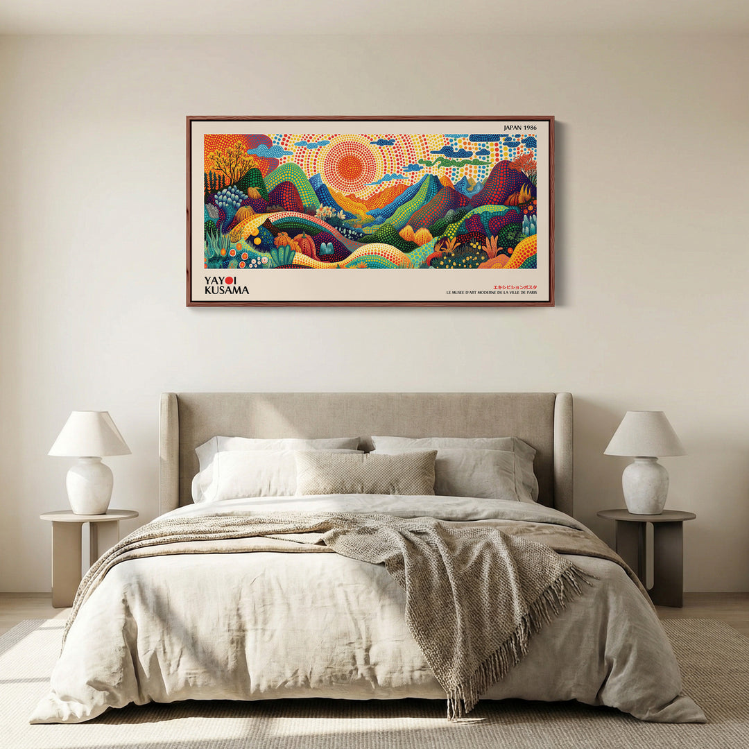 Yayoi Kusama Wide Canvas Dotted Mountain Landscape With Sun Panoramic Canvas Print For Living Room