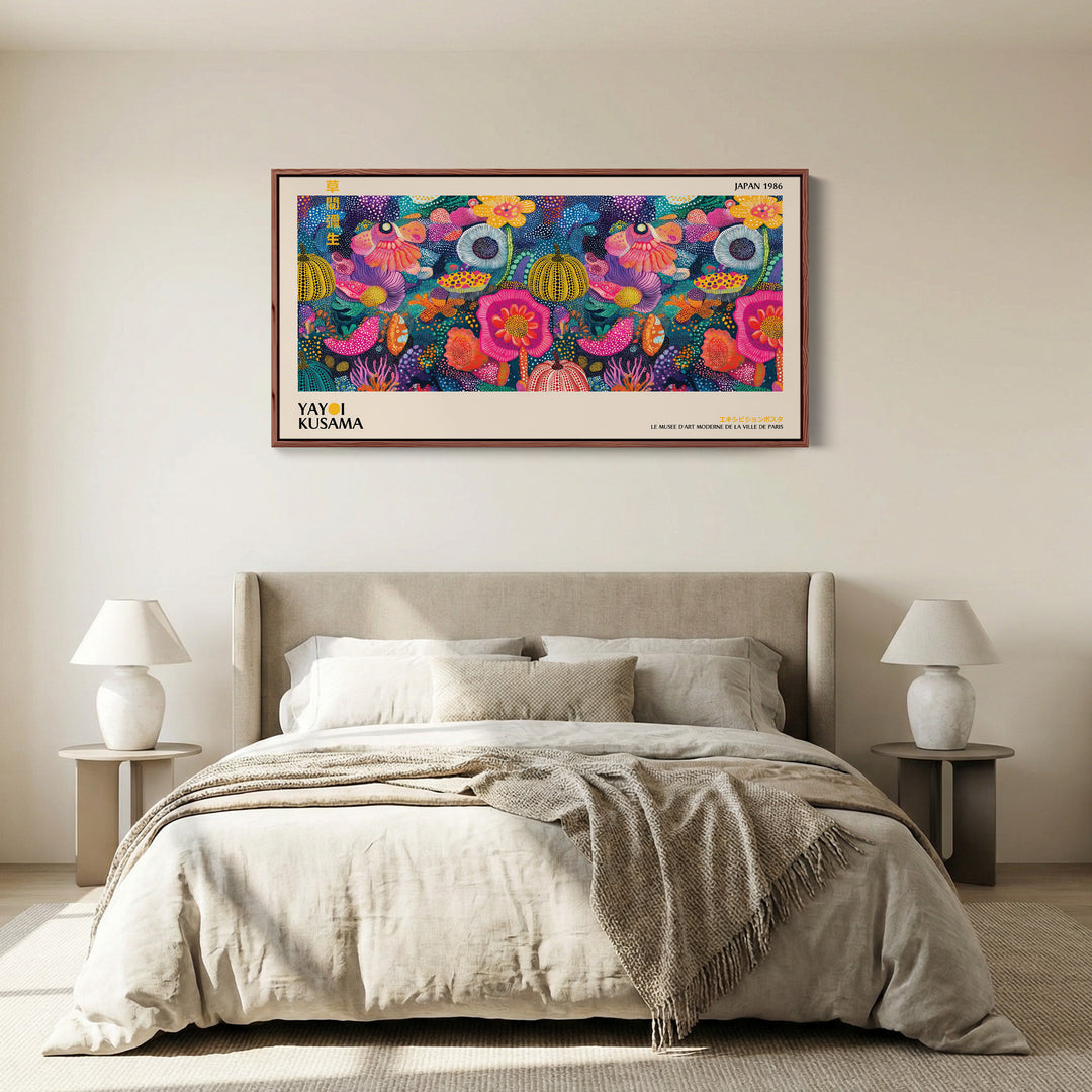 Yayoi Kusama Wide Framed Canvas Vibrant Dotted Floral Collage Extra Wide Canvas For Kitchen