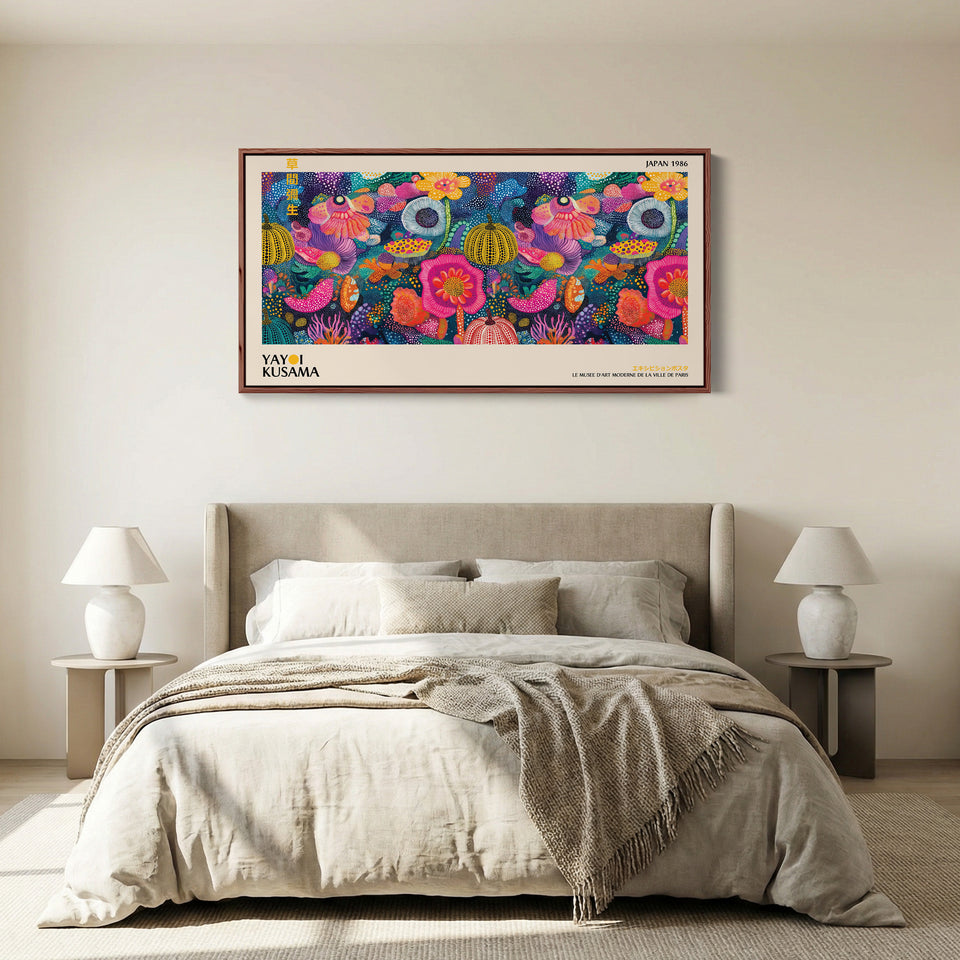 Yayoi Kusama Wide Framed Canvas Vibrant Dotted Floral Collage Extra Wide Canvas For Kitchen