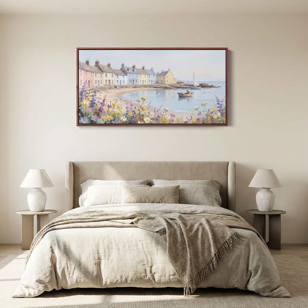Large Wall Art Coastal Village Scene Statement Wall Decor For Living Room