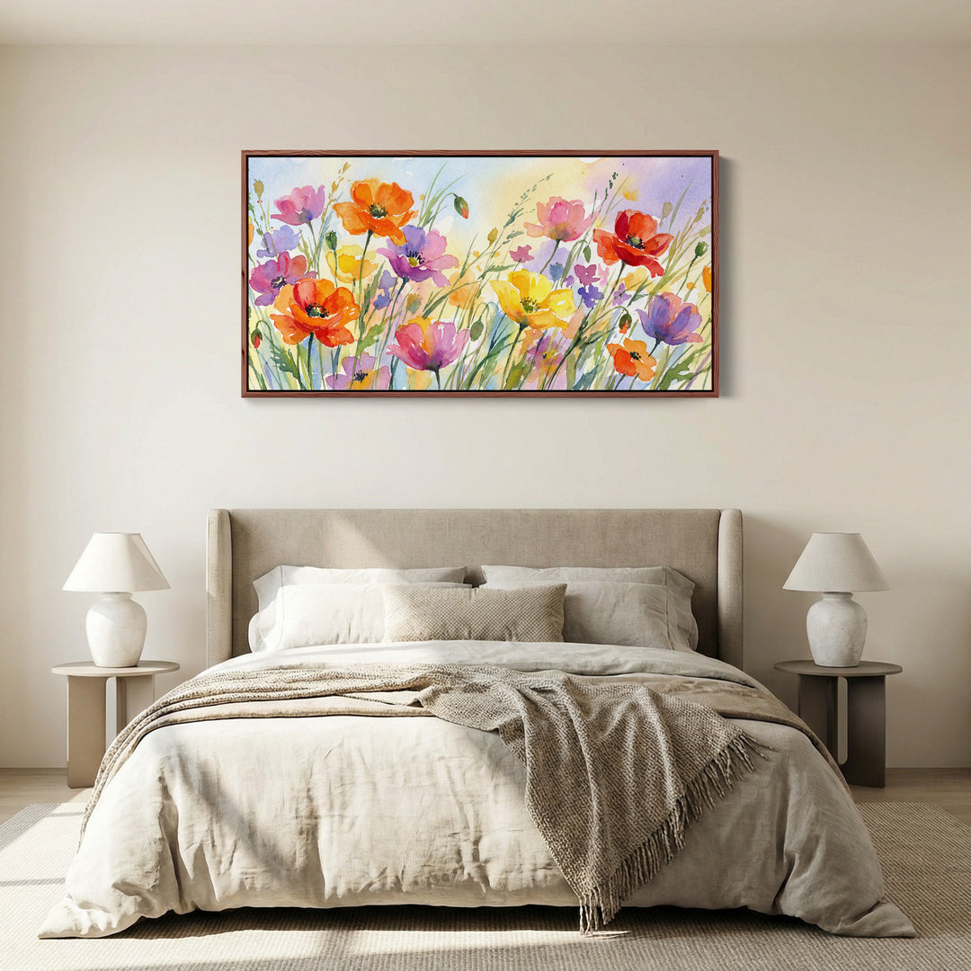 Wide Wall Art Wildflower Meadow Horizontal Canvas Print For Bedroom