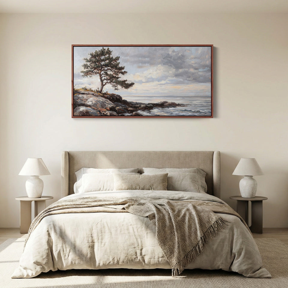 Wide Framed Canvas Coastal Tree And Sea Oversized Wall Decor For Hallway