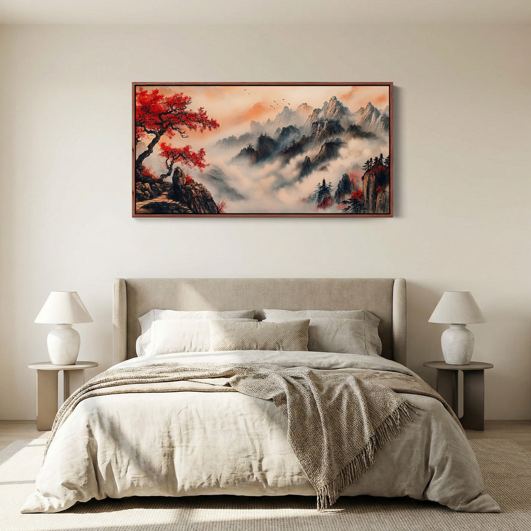 Long Wall Art Red Tree Mountain Landscape Panoramic Canvas Print For Living Room
