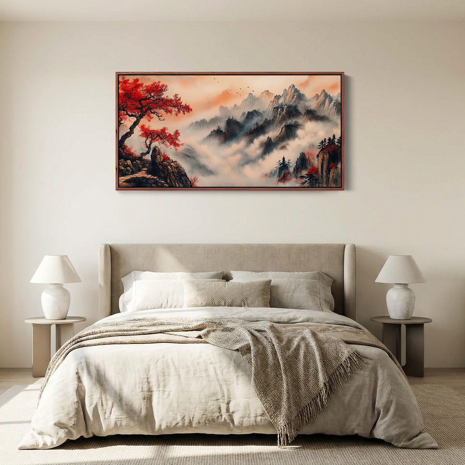 Long Wall Art Red Tree Mountain Landscape Panoramic Canvas Print For Living Room