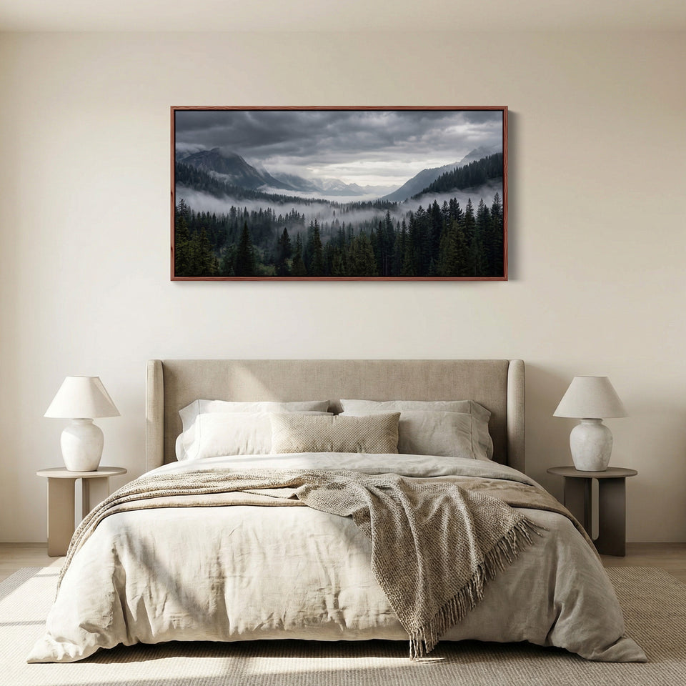 Large Wall Art Mountain Forest With Fog Extra Wide Canvas For Living Room