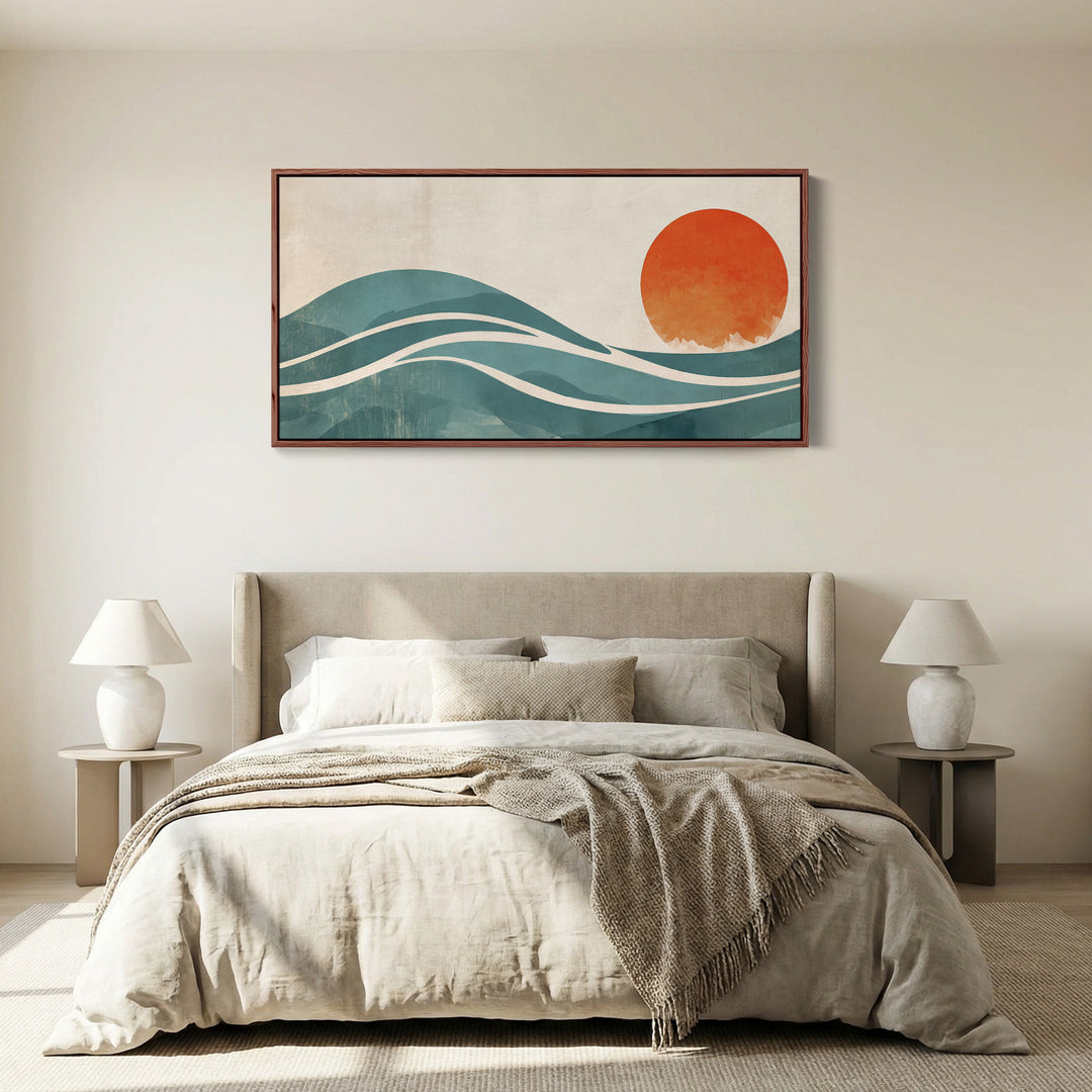 Panoramic Wall Art Minimalist Sun And Waves Framed Canvas Print For Hallway