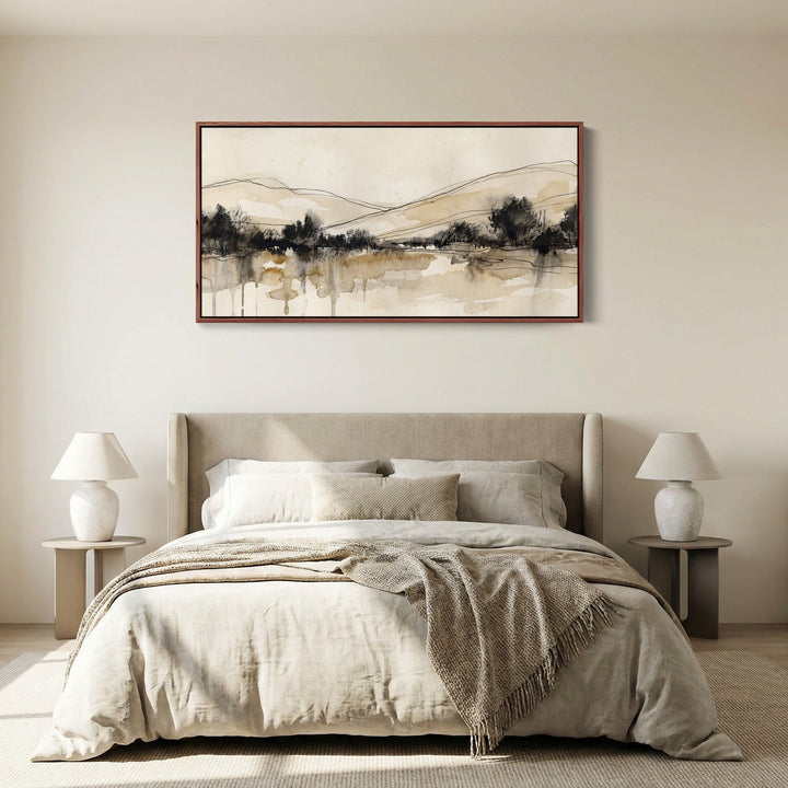 Minimal Ink Landscape Long Wall Art Panoramic Canvas Print Living Room