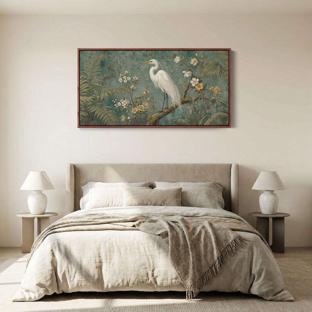 White Heron Horizontal Wall Art Framed Canvas Print For Bedroom