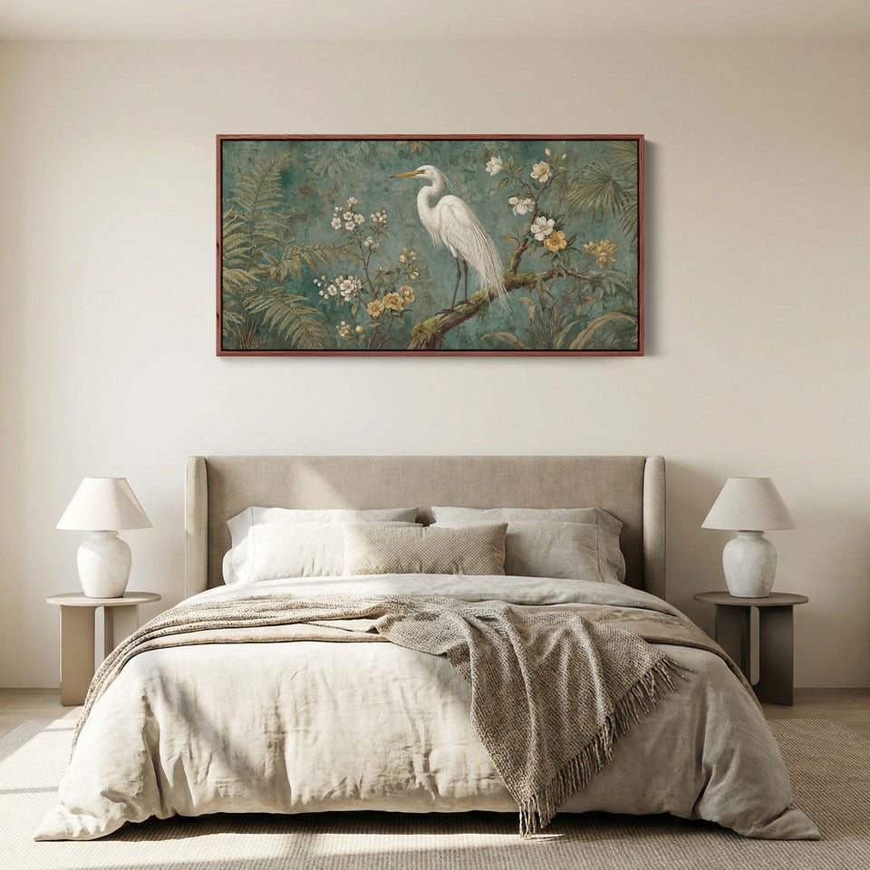 White Heron Horizontal Wall Art Framed Canvas Print For Bedroom