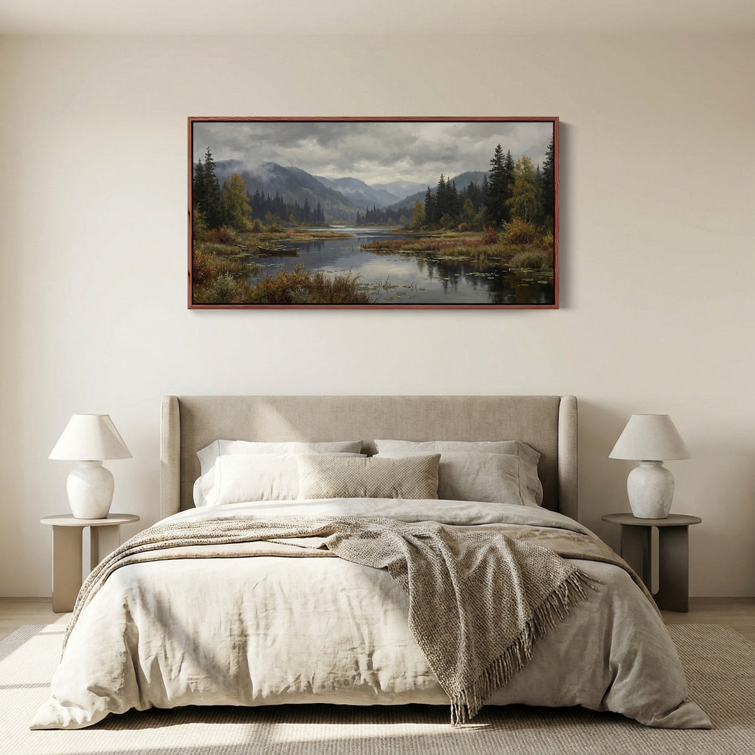 Mountain Lake Above Bed Wall Art Panoramic Canvas Print For Living Room