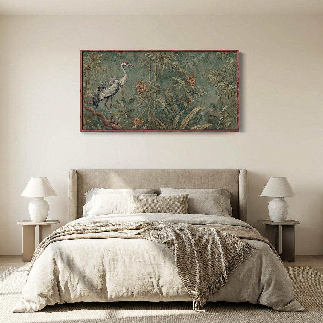 Crane With Bamboo Bedroom Wall Art Extra Wide Canvas For Office