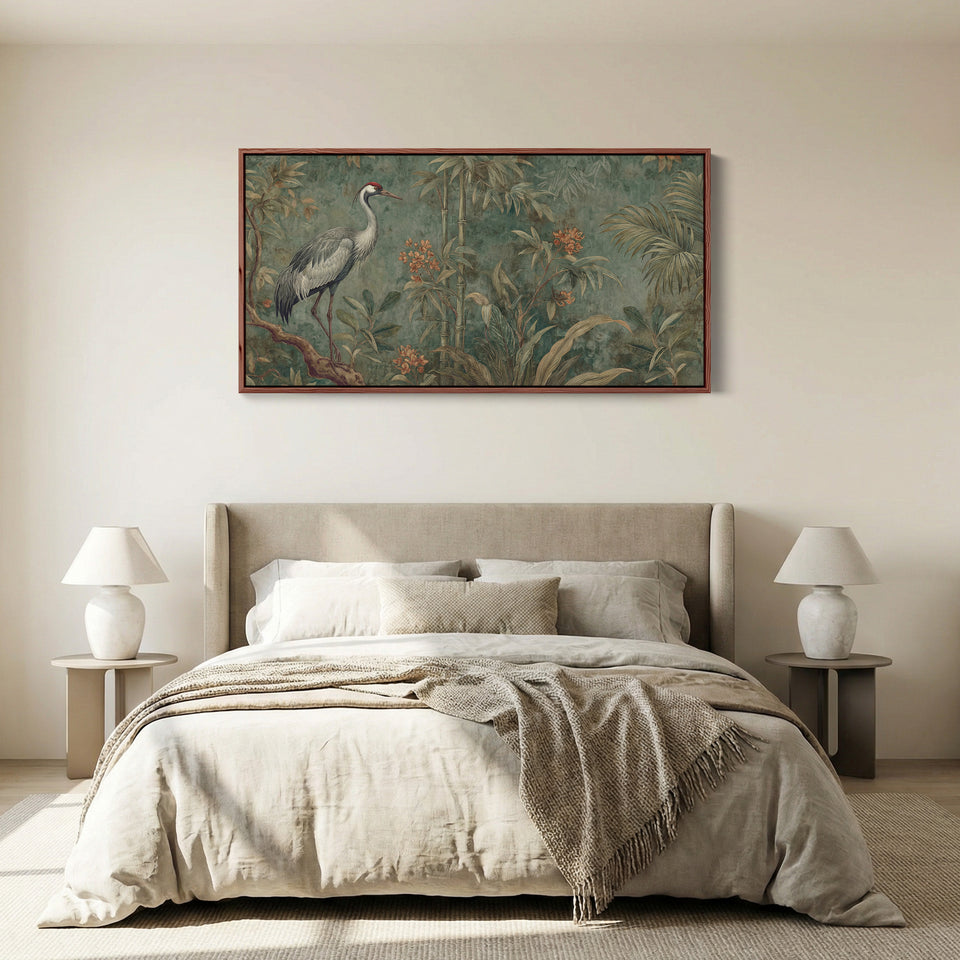 Crane With Bamboo Bedroom Wall Art Extra Wide Canvas For Office