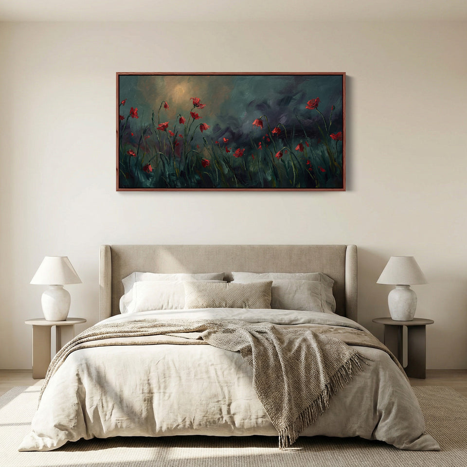 Red Poppies Panoramic Wall Art Horizontal Canvas Print For Bedroom