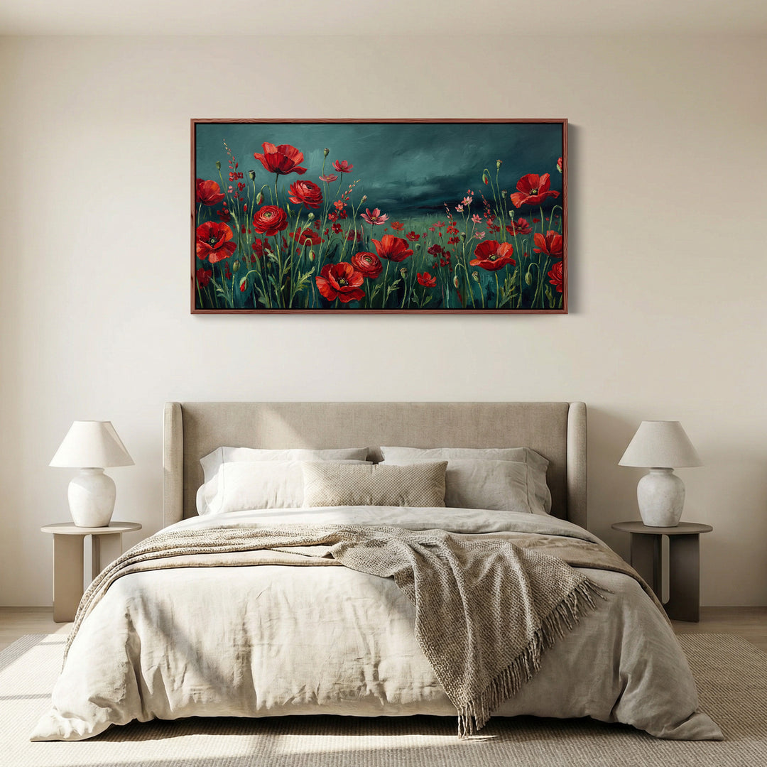 Blooming Poppy Field Wide Framed Canvas Statement Wall Decor For Living Room