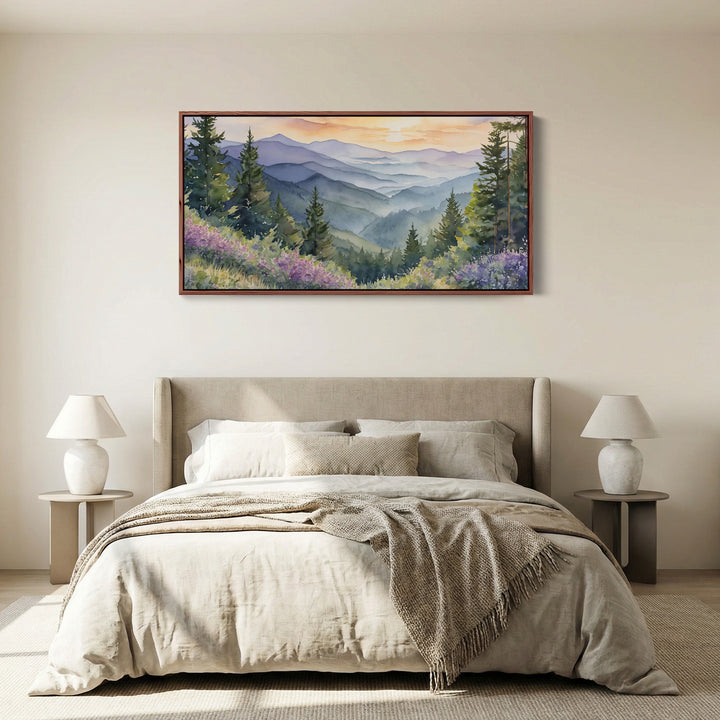 Mountain Valley Landscape Horizontal Wall Art Panoramic Canvas Print For Office