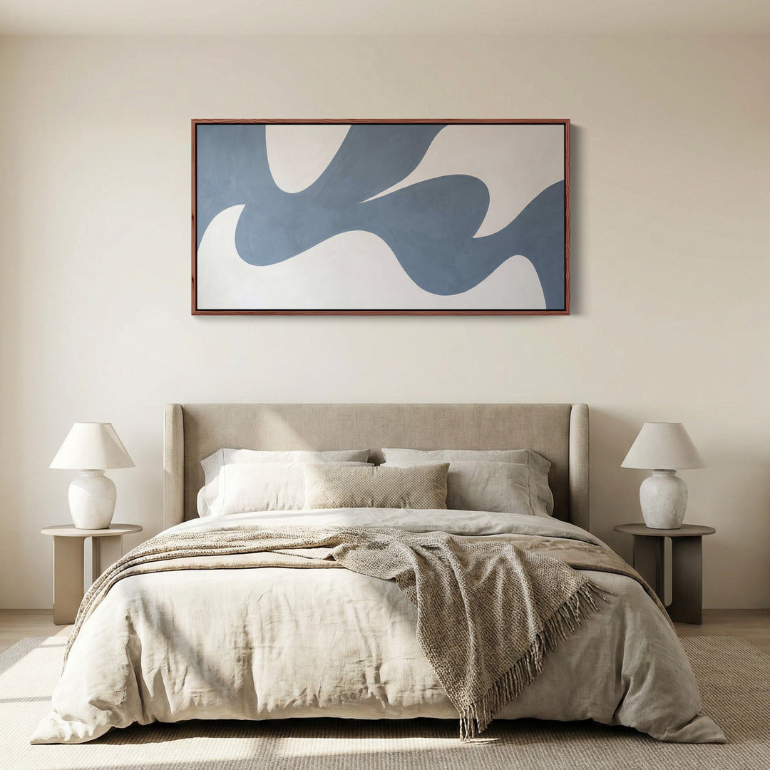 Blue Abstract Flowing Shape Horizontal Wall Art Framed Canvas Print For Living Room